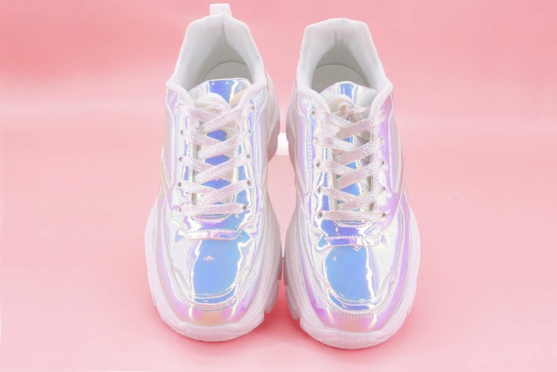 LUCKY STEP Women 90S Chunky Platform Reflective Sneakers - White Hologram Casual Lace-Up Walking Dad Sneakers(White Hologram,6 B(M) US) - Image 2